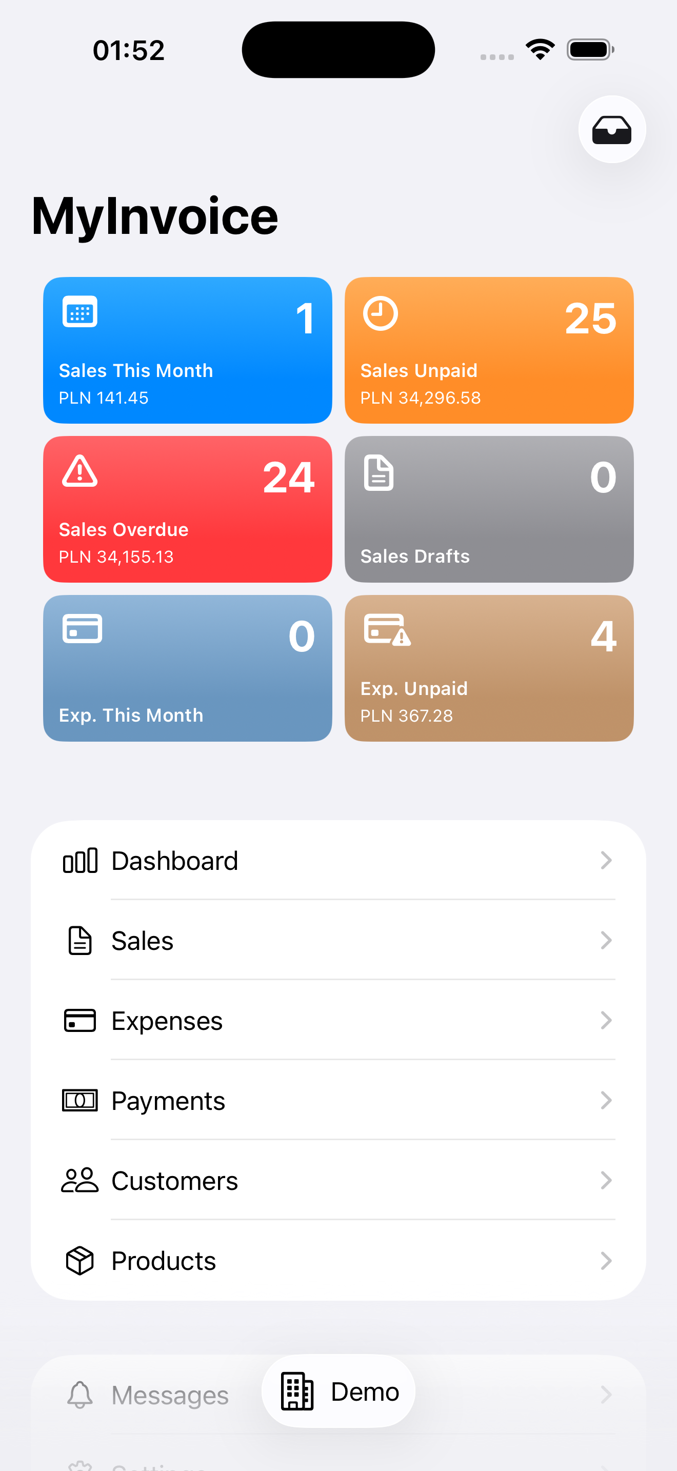 MyInvoice main screen on iPhone