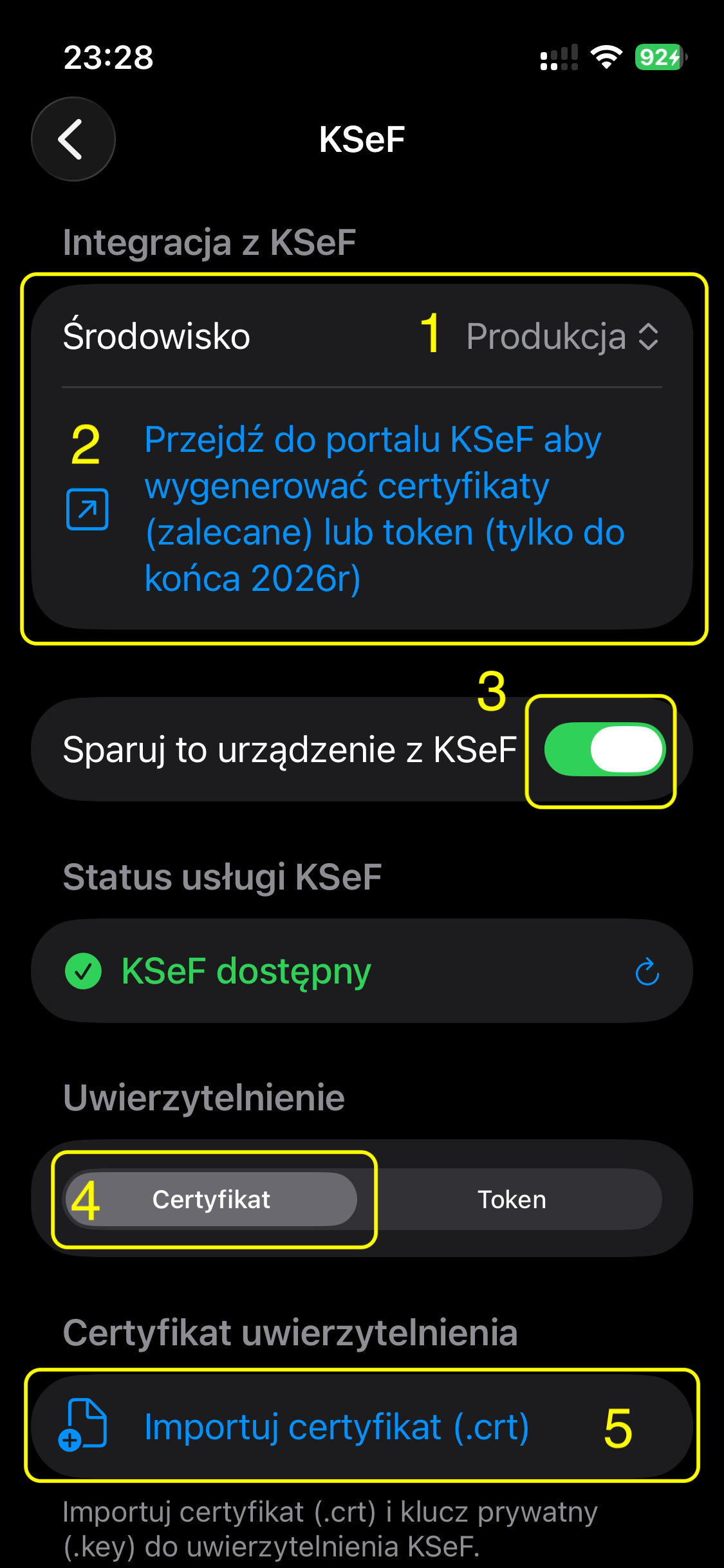 KSeF screen — environment selection and device pairing