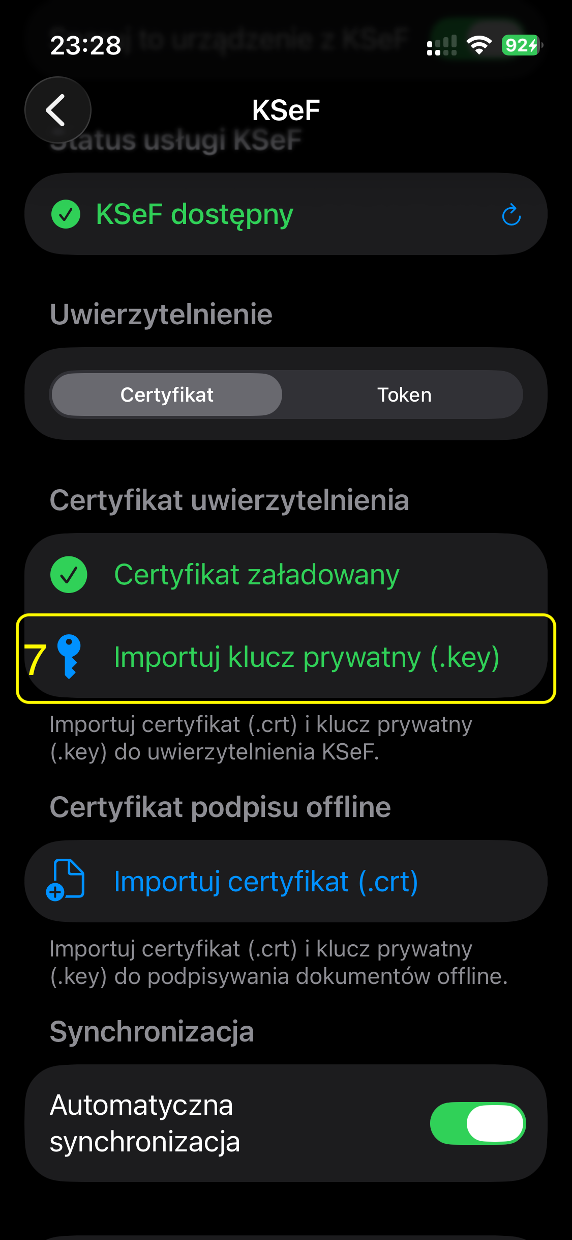 KSeF screen — importing the private key